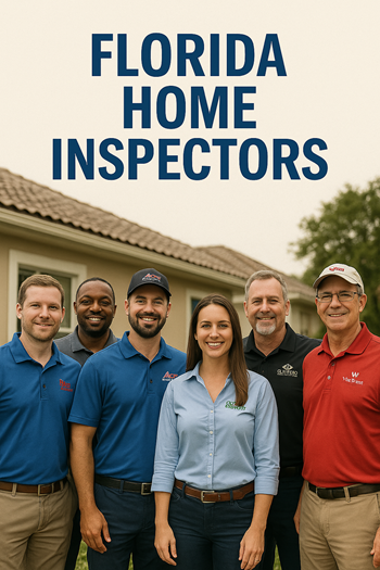 Professional Florida home inspectors from multiple companies standing together in front of a home.